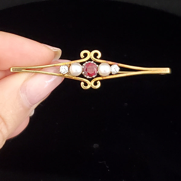 Estate Garnet Old European Cut Diamond Pearl 14k Yellow Gold Brooch Pin Gift