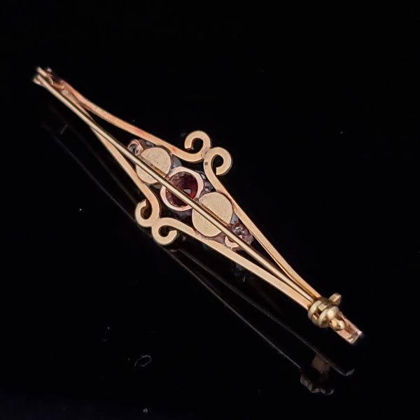 Estate Garnet Old European Cut Diamond Pearl 14k Yellow Gold Brooch Pin Gift
