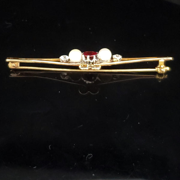 Estate Garnet Old European Cut Diamond Pearl 14k Yellow Gold Brooch Pin Gift