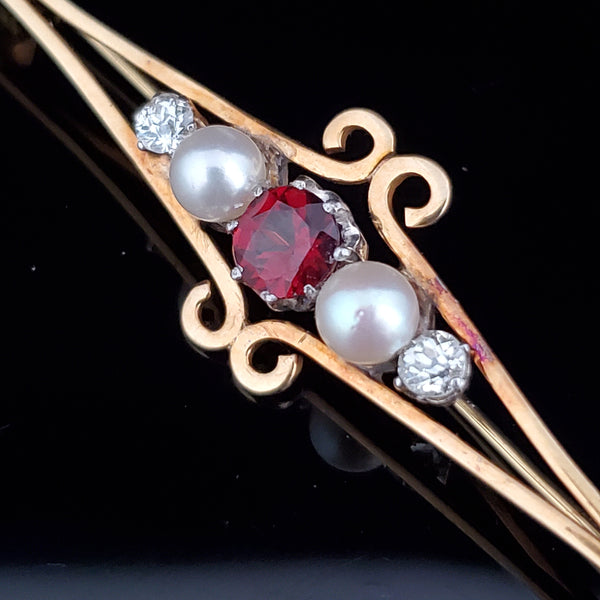 Estate Garnet Old European Cut Diamond Pearl 14k Yellow Gold Brooch Pin Gift