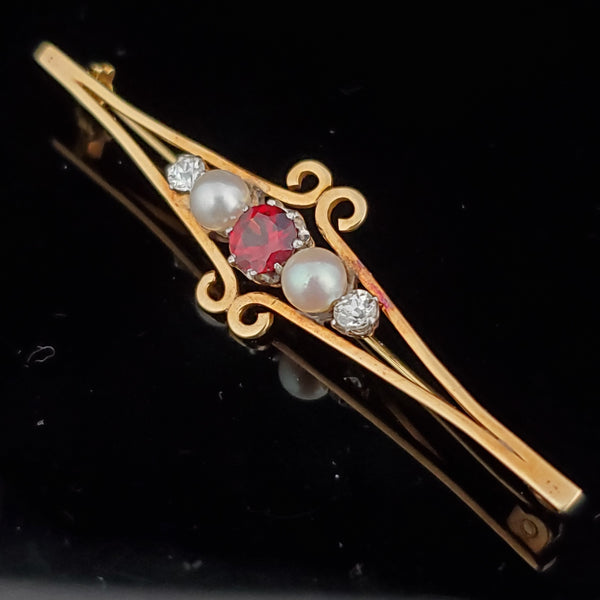 Estate Garnet Old European Cut Diamond Pearl 14k Yellow Gold Brooch Pin Gift