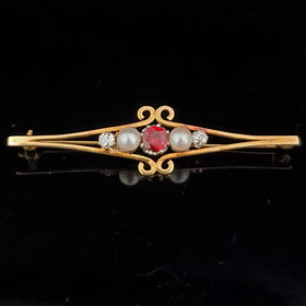 Estate Garnet Old European Cut Diamond Pearl 14k Yellow Gold Brooch Pin Gift