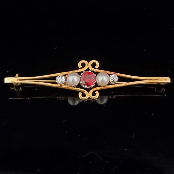 Estate Garnet Old European Cut Diamond Pearl 14k Yellow Gold Brooch Pin Gift