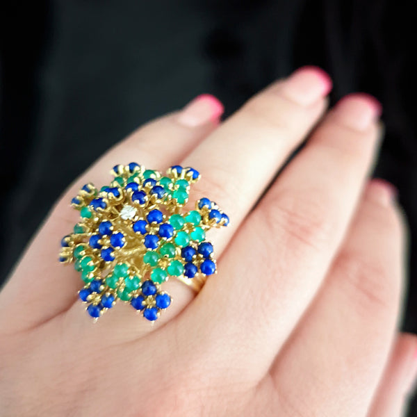 EN TREMBLANT RETRO ERA DIAMOND GEMSTONE 18K GOLD COCKTAIL RING