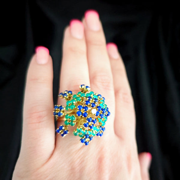 EN TREMBLANT RETRO ERA DIAMOND GEMSTONE 18K GOLD COCKTAIL RING