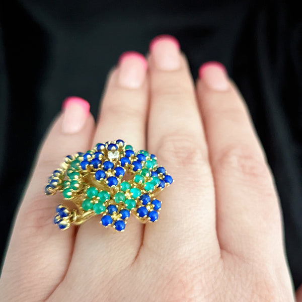 EN TREMBLANT RETRO ERA DIAMOND GEMSTONE 18K GOLD COCKTAIL RING