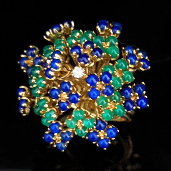 EN TREMBLANT RETRO ERA DIAMOND GEMSTONE 18K GOLD COCKTAIL RING