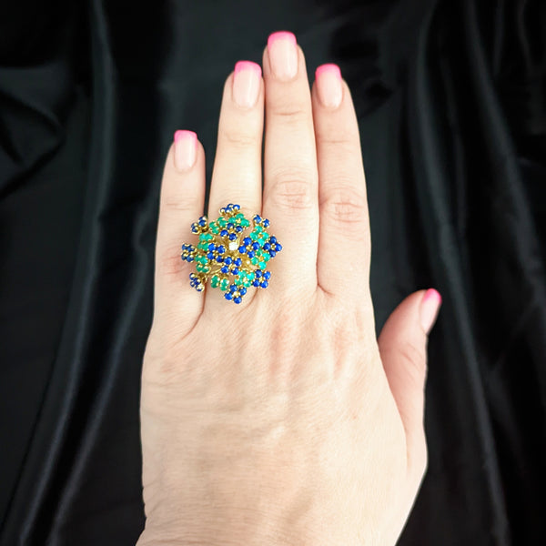 EN TREMBLANT RETRO ERA DIAMOND GEMSTONE 18K GOLD COCKTAIL RING