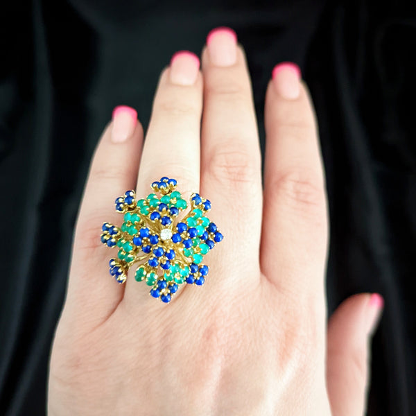 EN TREMBLANT RETRO ERA DIAMOND GEMSTONE 18K GOLD COCKTAIL RING