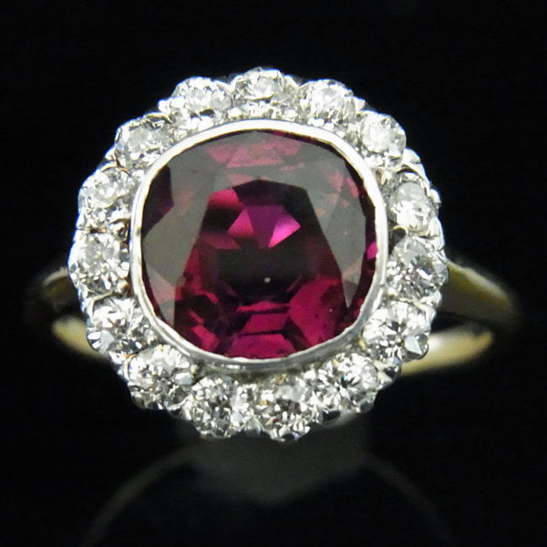 Gorgeous GIA Cert 3Ct Natural Ruby Old Euro Cut Diamond 18k Gold Ring Engagement