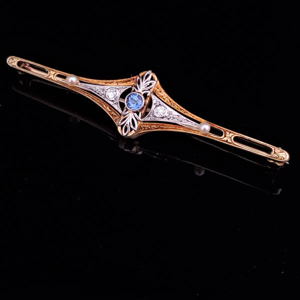HAGERSTROM & CHAPMAN CO Antique Sapphire Old Cut Diamond Pearl 14k Gold Brooch