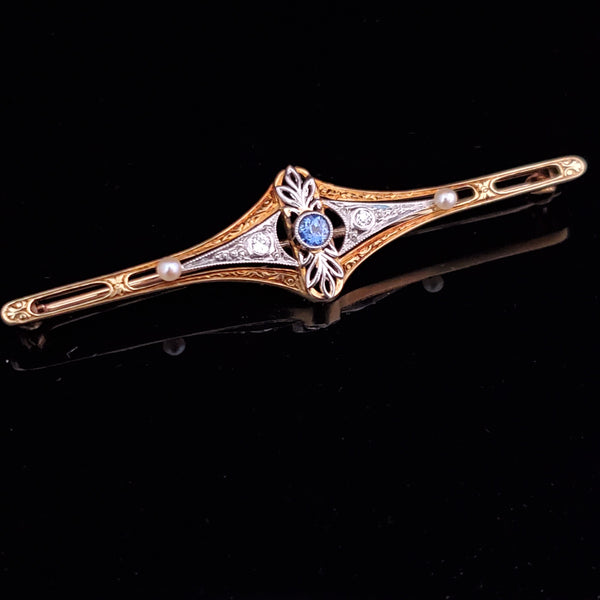 HAGERSTROM & CHAPMAN CO Antique Sapphire Old Cut Diamond Pearl 14k Gold Brooch