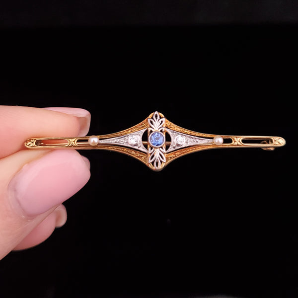 HAGERSTROM & CHAPMAN CO Antique Sapphire Old Cut Diamond Pearl 14k Gold Brooch