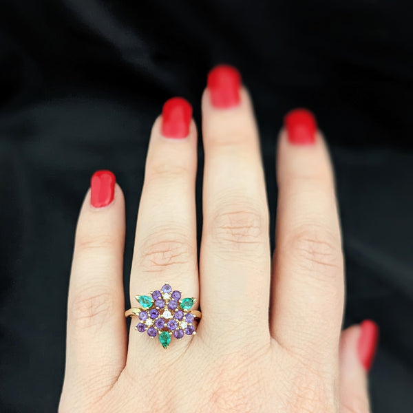 House Faberge for Franklin Mint Diamond Emerald Amethyst 14k Yellow Gold Ring c.1992 violets in the snow collection