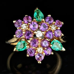 House Faberge for Franklin Mint Diamond Emerald Amethyst 14k Yellow Gold Ring c.1992 violets in the snow collection