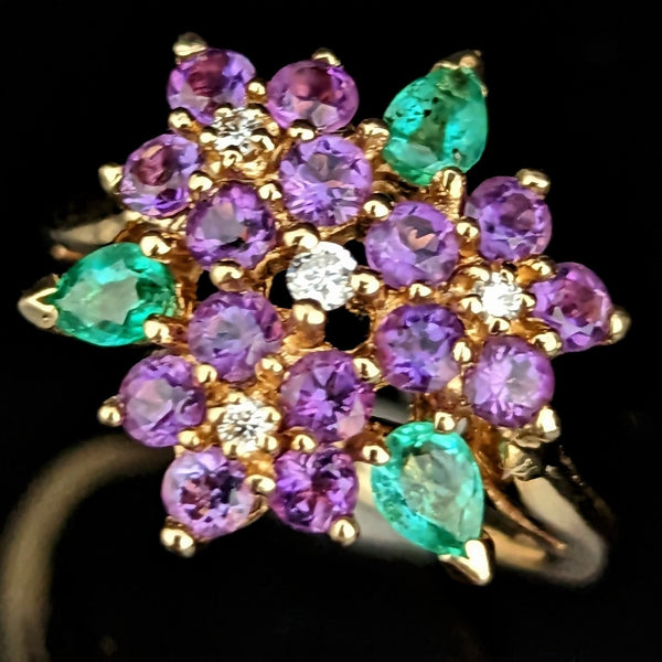 House Faberge for Franklin Mint Diamond Emerald Amethyst 14k Yellow Gold Ring c.1992 violets in the snow collection