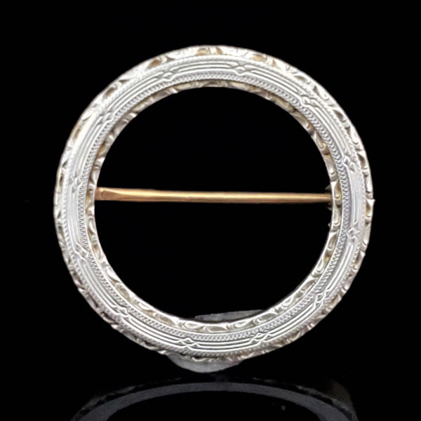 KREMENTZ Art Deco Era 14k White Gold Circle Brooch Pin 1920-30s Vintage Estate