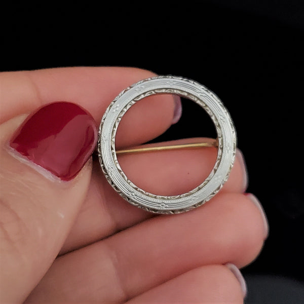 KREMENTZ Art Deco Era 14k White Gold Circle Brooch Pin 1920-30s Vintage Estate