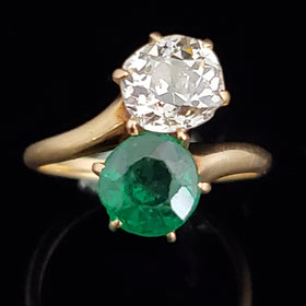 Old Mine Cut Diamond Emerald 2CTW 14k Yellow Gold Toi At Moi Ring Vintage Estate