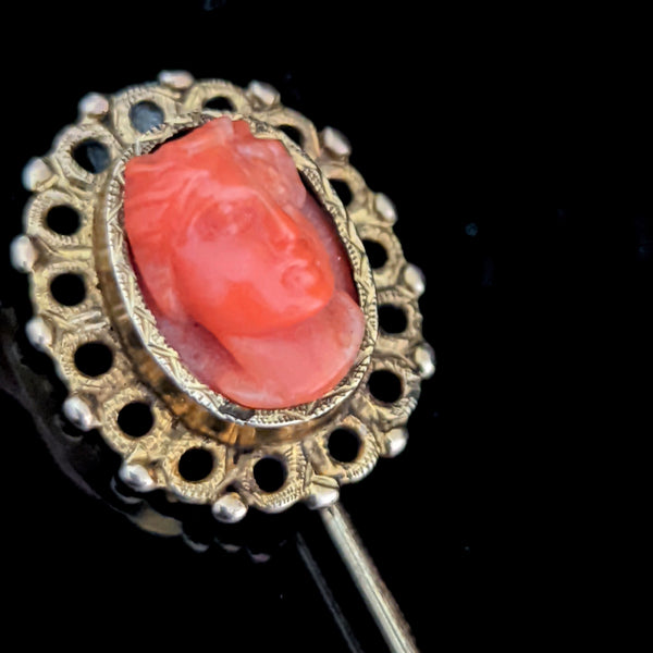 The Amalfi - Victorian Carved Coral Cameo Gold Stick Pin