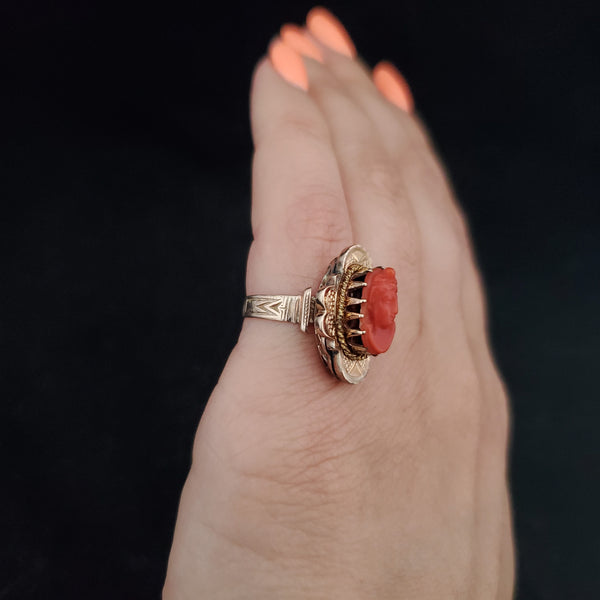 Victorian Coral Cameo 10k Yellow Gold Ring Antique Estate Jewelry Gift Estate Coral Cameo 10k Yellow Gold Ring Cocktail Dinner Vintage Jewelry Gift