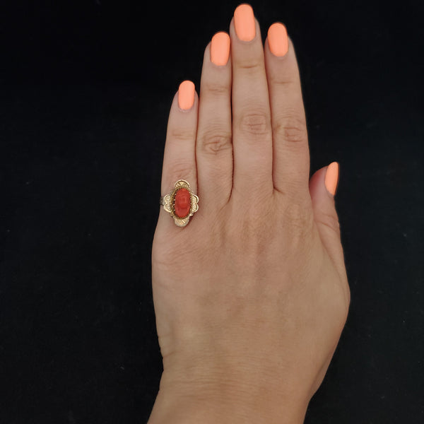 Victorian Coral Cameo 10k Yellow Gold Ring Antique Estate Jewelry Gift Estate Coral Cameo 10k Yellow Gold Ring Cocktail Dinner Vintage Jewelry Gift