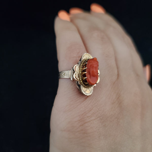 Victorian Coral Cameo 10k Yellow Gold Ring Antique Estate Jewelry Gift Estate Coral Cameo 10k Yellow Gold Ring Cocktail Dinner Vintage Jewelry Gift