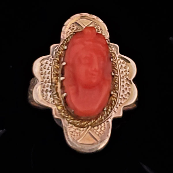 Victorian Coral Cameo 10k Yellow Gold Ring Antique Estate Jewelry Gift Estate Coral Cameo 10k Yellow Gold Ring Cocktail Dinner Vintage Jewelry Gift