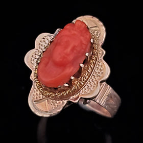 Estate Coral Cameo 10k Yellow Gold Ring Cocktail Dinner Vintage Jewelry Gift