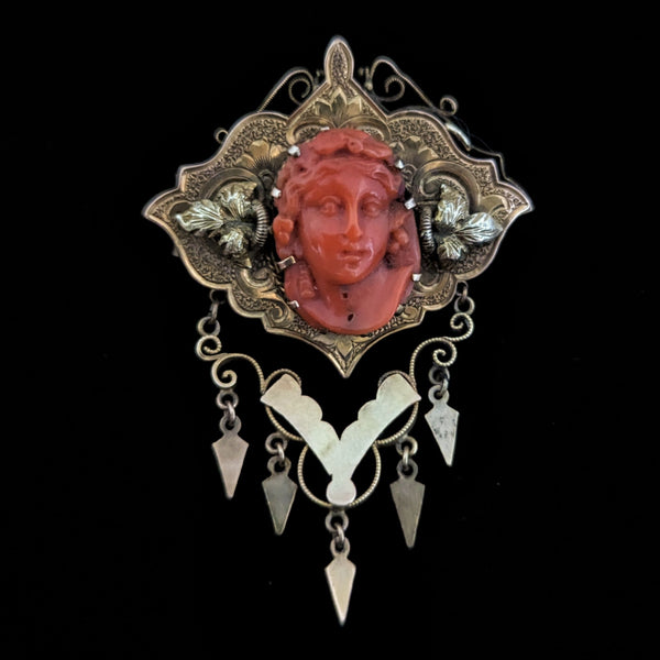 Victorian Era Antique Coral 10k Yellow Gold Cameo Brooch Pin Grecian Estat 1800s