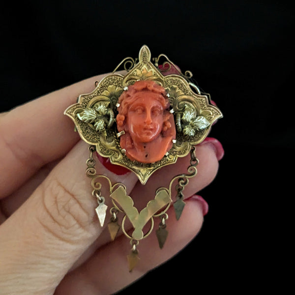 Victorian Era Antique Coral 10k Yellow Gold Cameo Brooch Pin Grecian Estat 1800s