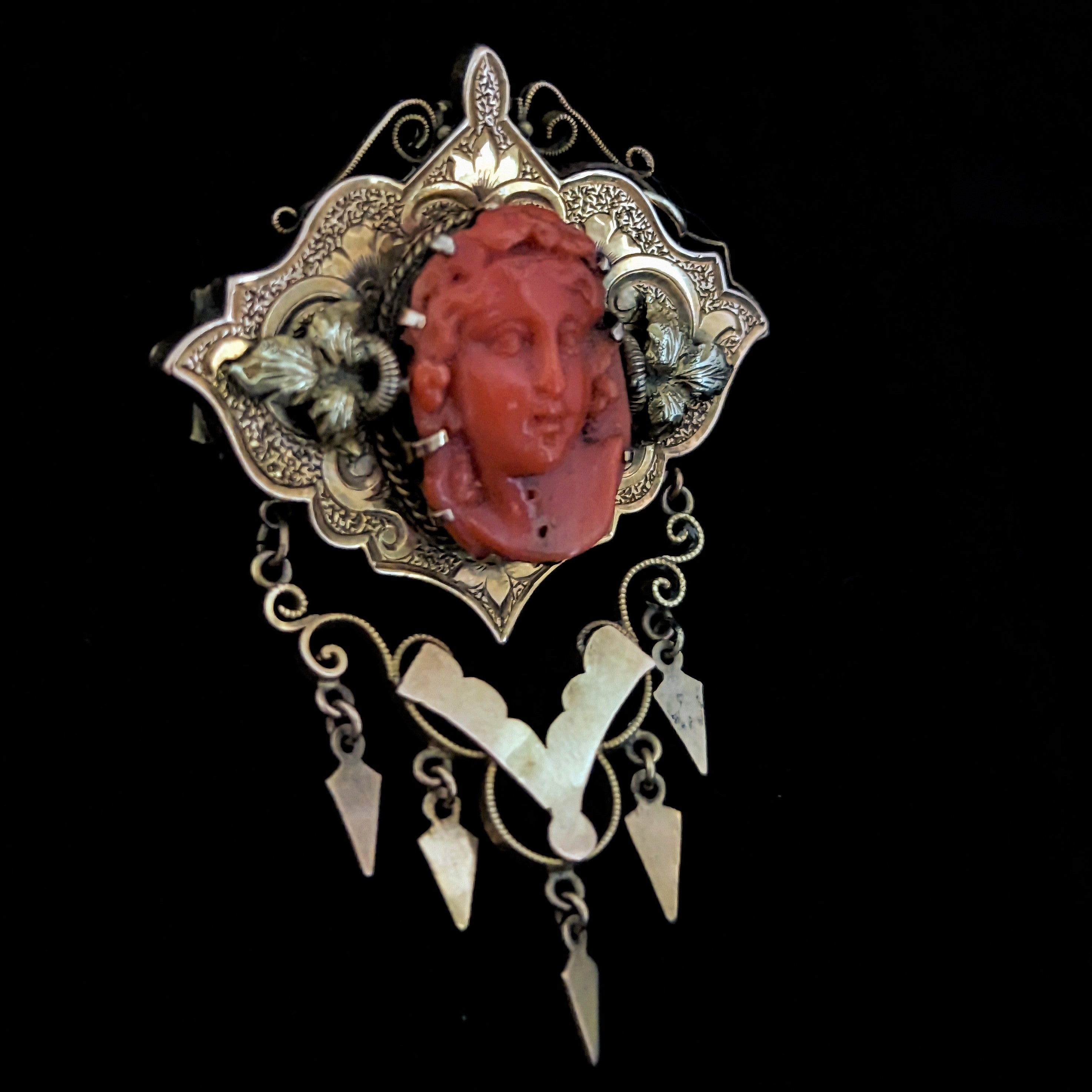 Antique Art Deco Silver Brooch With Coral Bar Brooch Made of