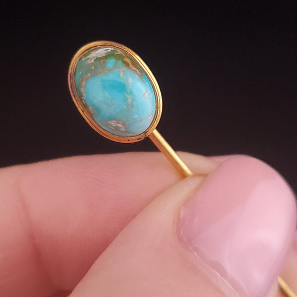 Victorian Turquoise 10k Yellow Gold Stick Pin Antique Estate Brooch Gift 