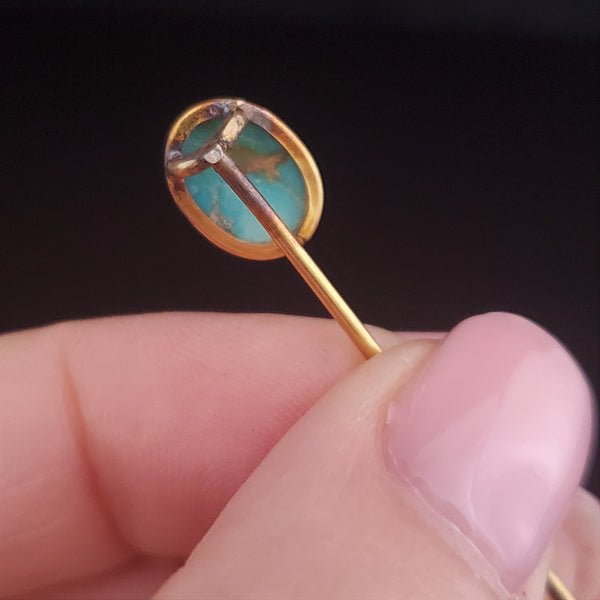Victorian Turquoise 10k Yellow Gold Stick Pin Antique Estate Brooch Gift 