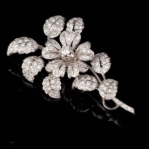 Vintage Diamond 14k Gold Floral Brooch Flower Estate Jewelry Pin 1950-60s Gift 