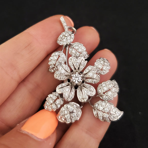 Vintage Diamond 14k Gold Floral Brooch Flower Estate Jewelry Pin 1950-60s Gift 