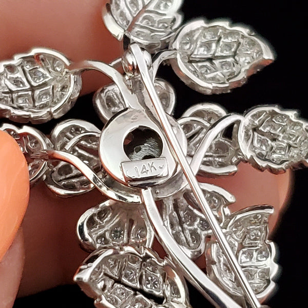 Vintage Diamond 14k Gold Floral Brooch Flower Estate Jewelry Pin 1950-60s Gift 