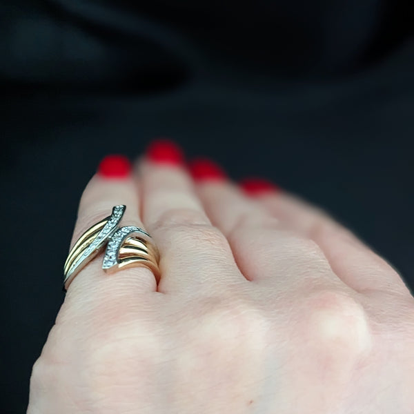 Vintage Diamond 14k Yellow White Gold Statement Cocktail Ring Estate Bypass Gift