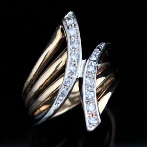 Vintage Diamond 14k Yellow White Gold Statement Cocktail Ring Estate Bypass Gift