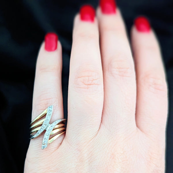 Vintage Diamond 14k Yellow White Gold Statement Cocktail Ring Estate Bypass Gift