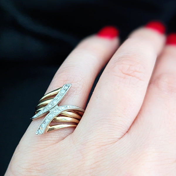 Vintage Diamond 14k Yellow White Gold Statement Cocktail Ring Estate Bypass Gift