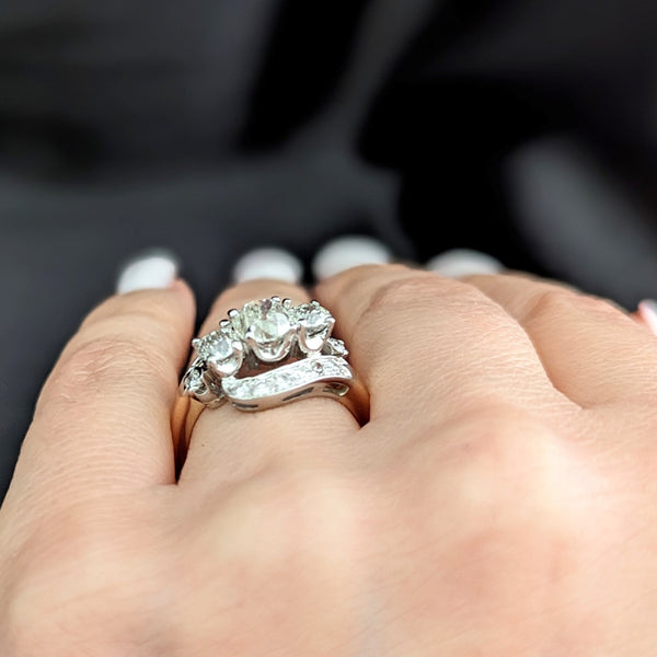 Vintage GIA Old Mine Cut Diamond 14k White Yellow Gold 3 Stone Ring Engagement