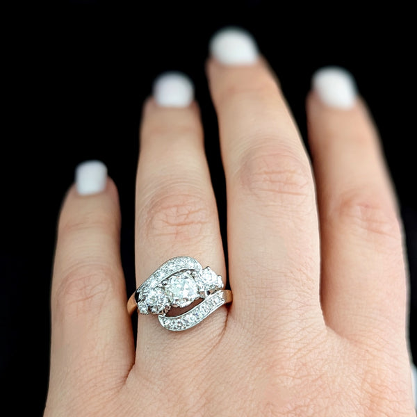 Vintage GIA Old Mine Cut Diamond 14k White Yellow Gold 3 Stone Ring Engagement