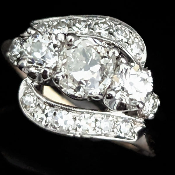 Vintage GIA Old Mine Cut Diamond 14k White Yellow Gold 3 Stone Ring Engagement