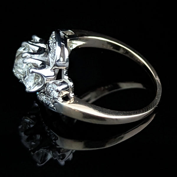 Vintage GIA Old Mine Cut Diamond 14k White Yellow Gold 3 Stone Ring Engagement