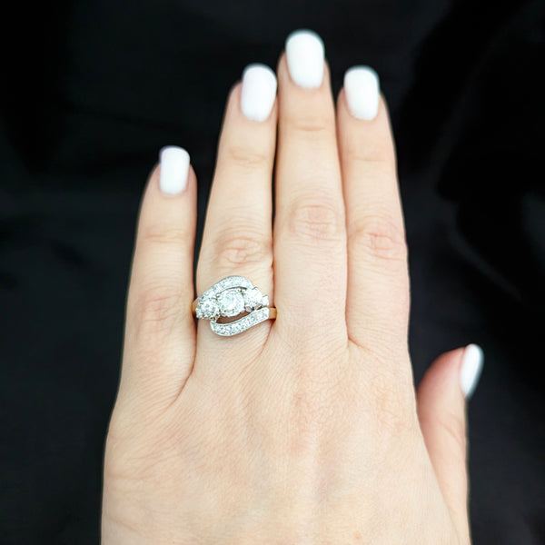 Vintage GIA Old Mine Cut Diamond 14k White Yellow Gold 3 Stone Ring Engagement