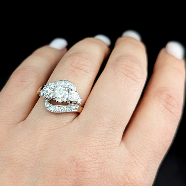 Vintage GIA Old Mine Cut Diamond 14k White Yellow Gold 3 Stone Ring Engagement