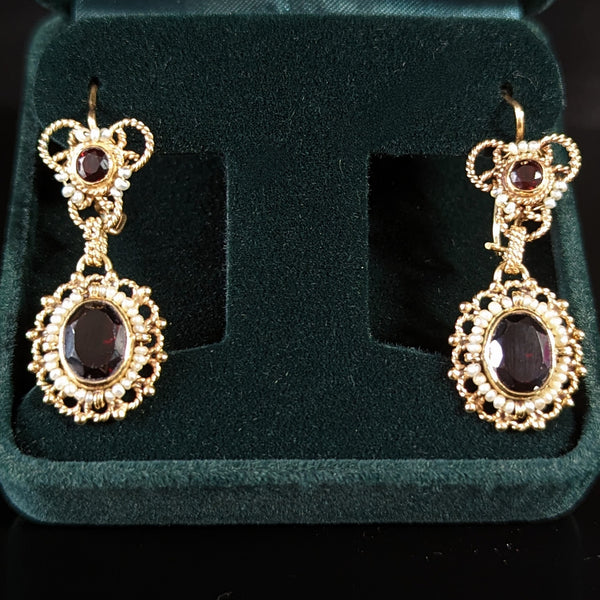 Vintage Garnet Pearl 14k Yellow Gold Wirework Earrings Drops Dangle Estate Gift