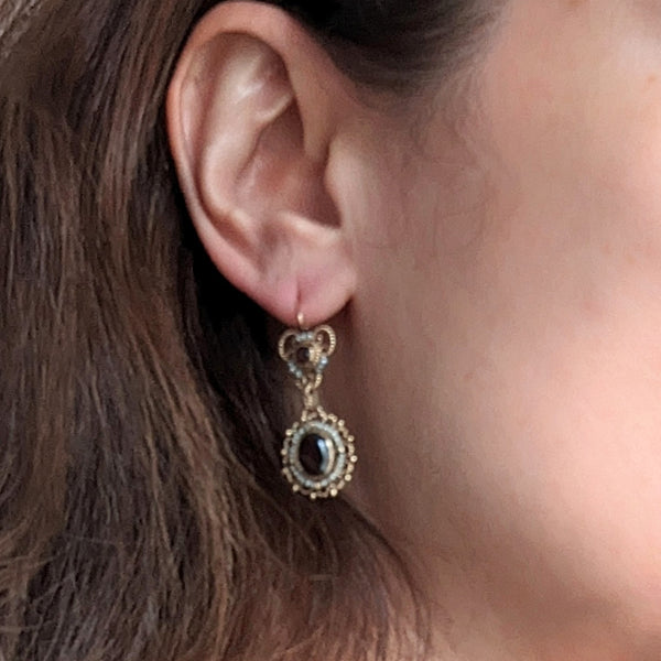 Vintage Garnet Pearl 14k Yellow Gold Wirework Earrings Drops Dangle Estate Gift