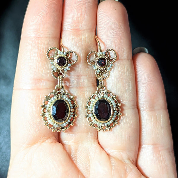 Vintage Garnet Pearl 14k Yellow Gold Wirework Earrings Drops Dangle Estate Gift